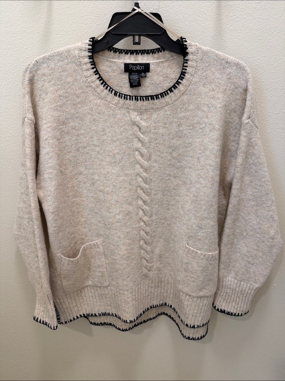 NWOT Papillon Cream Cable-Stitch Scoop-Neck Sweater with Contrast Trim, Size XL
